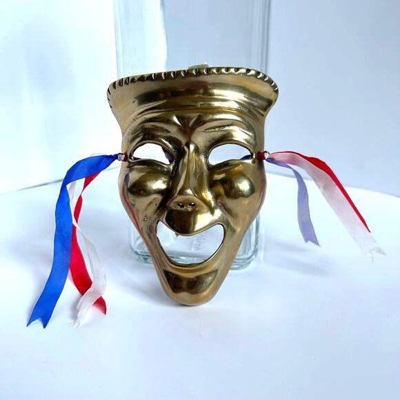 Solid Brass Theatre Mask Comedy Tragedy Face with French Ribbons 5" - Picture 6 of 6